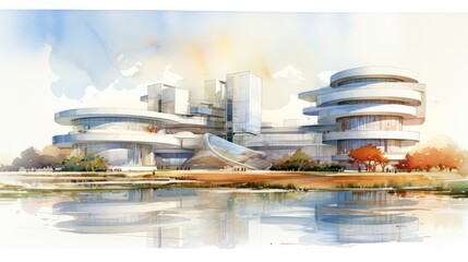 High-tech research facility watercolor illustration - Generative AI.