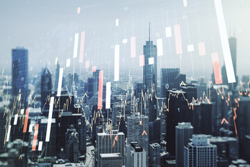 Multi exposure of virtual abstract financial graph hologram and world map on Chicago cityscape...