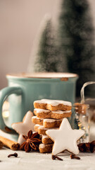 Stack of Zimtsterne, homemade german christmas cookies. Close up of gingerbread cookies. Winter...