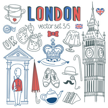 London doodle set. Landmarks, architecture and traditional symbols of English culture. Drawings isolated on white background. Outline stroke is not expanded, stroke weight is editable,city