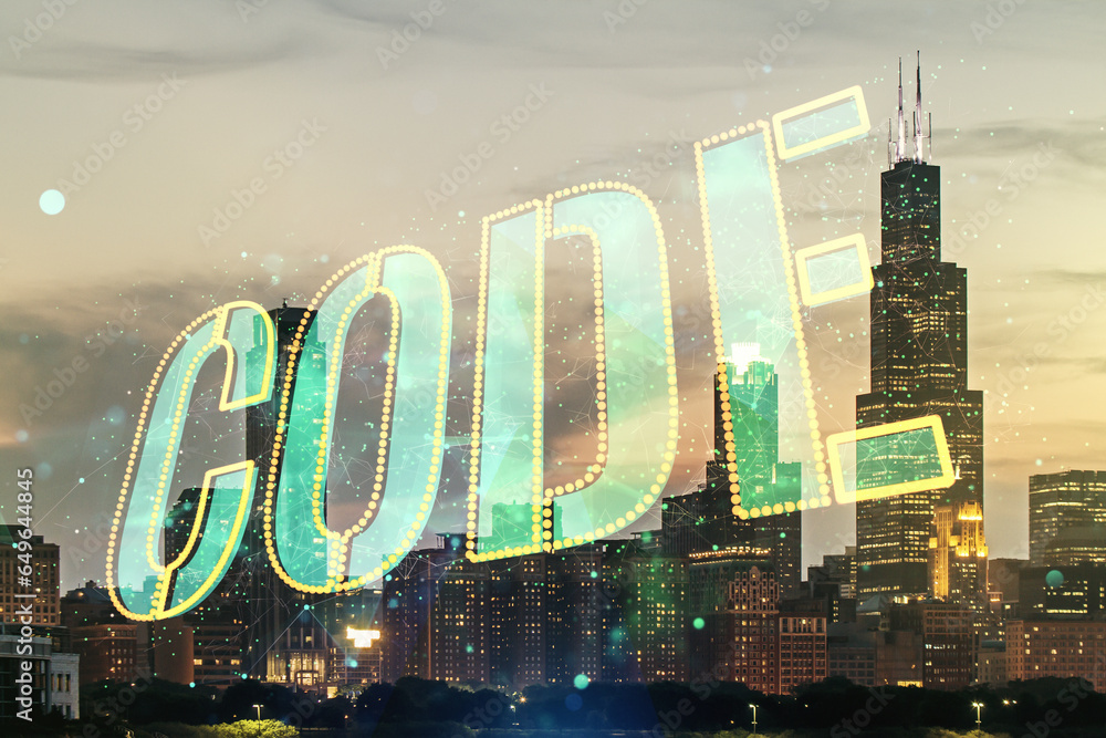 Aufkleber code word hologram on chicago skyscrapers background, artificial intelligence and neural networks co