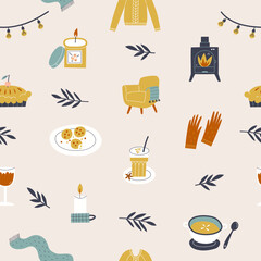 Seamless pattern with cozy autumn items. - 649644857