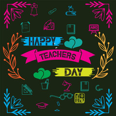 Happy Teacher's Day. School doodles Supplies Sketchy background, composition.  Vector Illustration