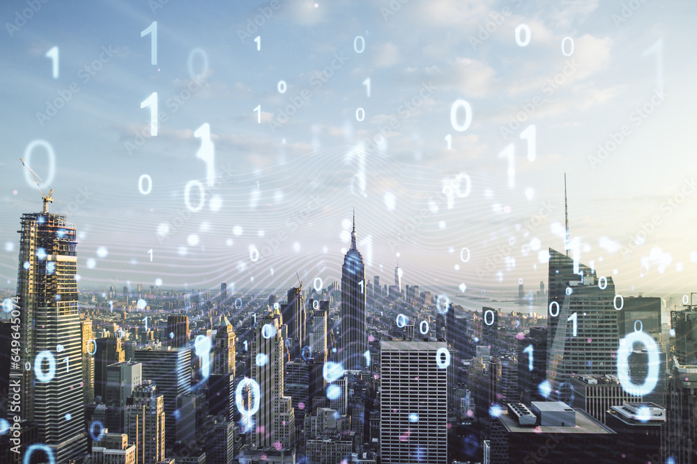Leinwandbilder Abstract virtual binary code illustration on New York city skyline background. Big data and coding concept. Multiexposure