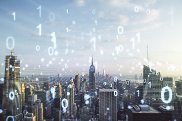 Abstract virtual binary code illustration on New York city skyline background. Big data and coding concept. Multiexposure