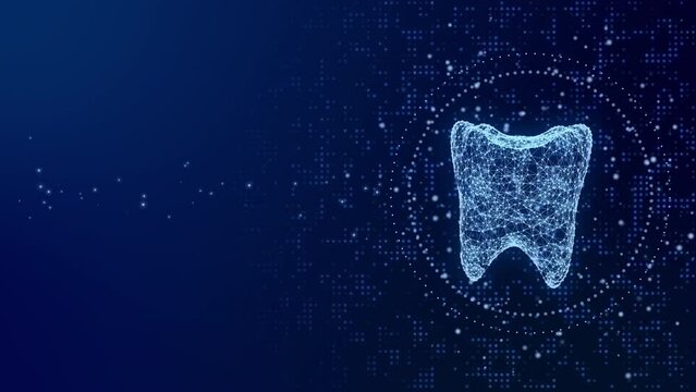 Polygonal mesh of a tooth on a blue abstract medical background. Looped animation of a 3D model of a tooth. Dental motion graphics with particles. Copy space.