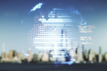 Multi exposure of abstract software development hologram and world map on blurry cityscape background, global research and analytics concept