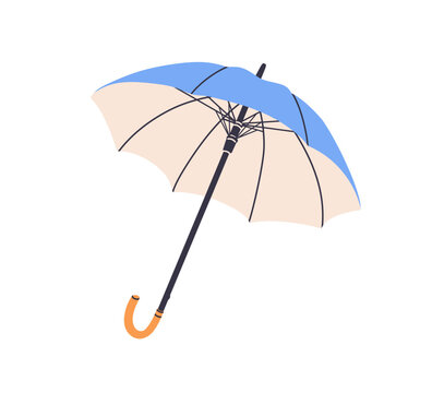 Open spread straight umbrella with long J-stick handle, cane pole. Rain protection accessory with unfolded canopy. Rainy weather item, parasol. Flat vector illustration isolated on white background