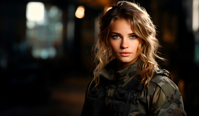 Portrait of a beautiful girl in military uniform. Professions concept