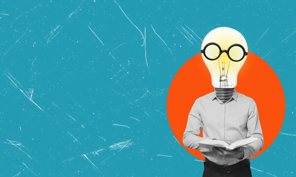 The concept of education and new scientific discoveries. A light bulb instead of a head on a person reading a book on a blue background with space for text.