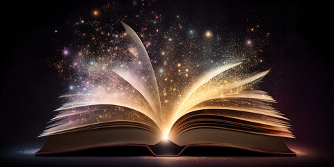 An open book with sparkles coming out of it ideal for fantasy and literature backgrounds. generative AI.