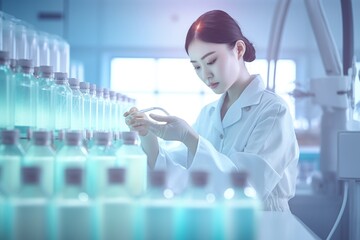 Scientists are experimenting and researching with molecular models. DNA. laboratory glassware with chemical liquid, scientific research background. biotechnology Development of microbiology