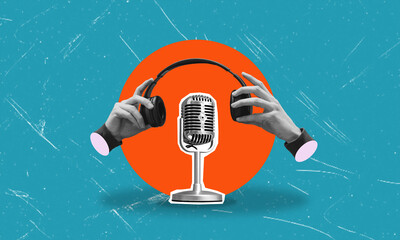 An artistic collage featuring modern headphones and a retro microphone on a blue background.