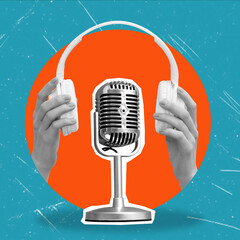 An artistic collage featuring modern headphones and a retro microphone on a blue background.