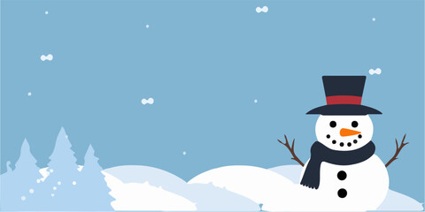Winter vector illustration. winter copy space background. vector illustration of happy new year, snowman wearing scarf and hat, snowfall and winter tree on blue background.