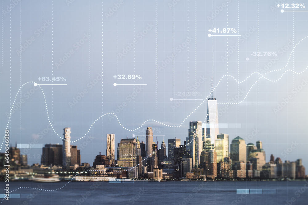 Poster multi exposure of stats data illustration on new york city skyline background, computing and analyti