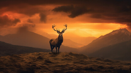 Dramatic sunset with beautiful sky and red deer stag looking strong and proud.generative ai