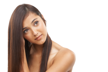 Isolated woman, thinking and hair care with beauty, wellness and healthy shine by transparent png background. Girl, model and cosmetic for transformation, change or idea for style from hairdresser