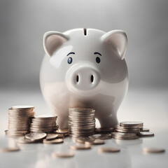 inspiration for saving money, putting coins in a white piggy bank. ai generative