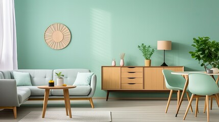 RenderInterior of modern living room with green wall, sofa and coffee table. , ai generative