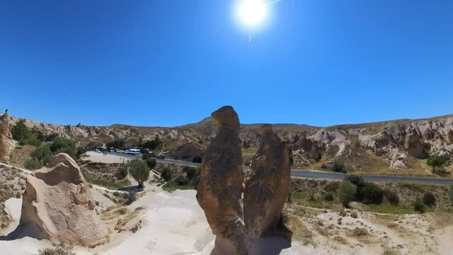 Camel Fairy chimney of Devrent Vadisi Imagination Valley in Turkey. Ancient valley rock formations silhouettes that resemble various forms, such as animals, famous figures, and fantastical creatures.