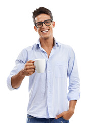 Portrait, smile and coffee with a man in glasses isolated on a transparent background for a morning drink. Tea, happy and a young nerd or geek person drinking a fresh beverage for caffeine on PNG