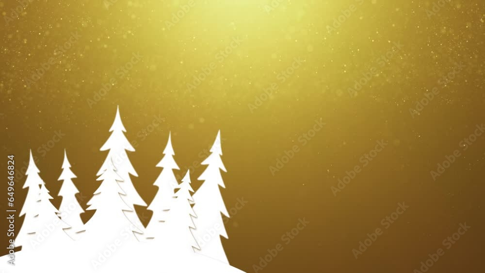 Poster animated illustrated snowy trees on golden background with glitter particles. copy space animation.