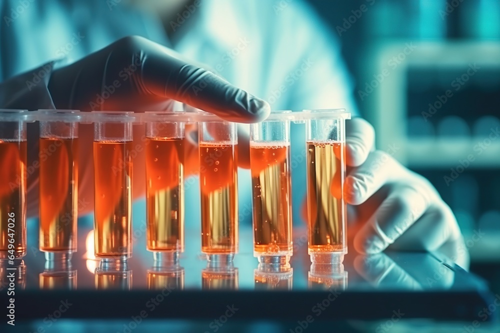 Poster scientists are experimenting and researching with molecular models. dna. laboratory glassware with c
