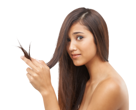 Hair, split end and portrait of woman in beauty with collagen, keratin or texture on isolated, transparent or png background. Salon, haircare or person with damaged hairstyle from haircut or cosmetic