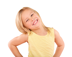 Smile, happy and portrait of cute child isolated on a transparent and png background with joy. Happiness, adorable and excited young girl or kid with fashion, clothes and calm in a confident pose