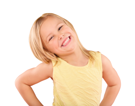 Smile, happy and portrait of cute child isolated on a transparent and png background with joy. Happiness, adorable and excited young girl or kid with fashion, clothes and calm in a confident pose