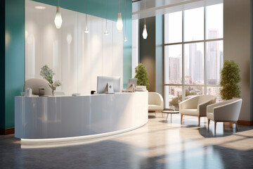 Contemporary Dental Office Reception: Stylish Furniture and Interior Decor. Contemporary Furniture and Interior Setup

 - obrazy, fototapety, plakaty