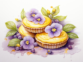 Obraz na płótnie Canvas Watercolour Collection { No2 } Homegrown Lemon Products Made at Eco Sustainable Farm: Lemons Meringue Tart, Macaroon, Cupcake, Cheesecake, Shortbread Biscuit, Wreath & Lemon Seamless Pattern Tile.