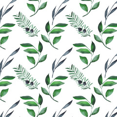 Watercolor floral pattern. Texture with watercolor natural elements on white background.