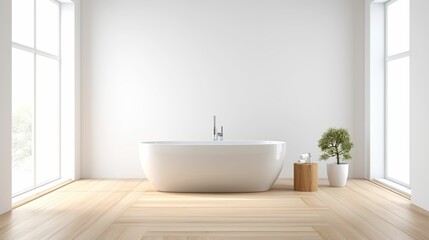 Fototapeta na wymiar Modern minimalist style white bathtub in bathroom with wooden floor, modern bathroom sink, bathtub advertising, Japanese log style bathroom