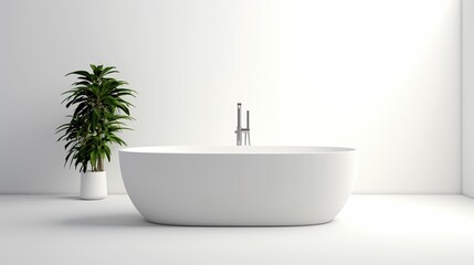 Modern minimalist style white bathtub in white bathroom, modern bathroom sink, bathtub advertising, minimalist style white bathroom