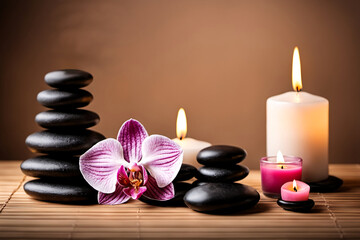 Zen Steine mit Kerzen und Orchideen in harmonischer Zusammenstellung