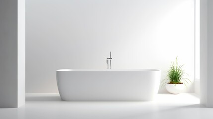 Fototapeta na wymiar Modern minimalist style white bathtub in white bathroom, modern bathroom sink, bathtub advertising, minimalist style white bathroom