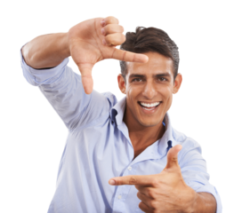 Portrait, hands frame and happy man, photographer and selfie for profile picture. Face, finger border and creative person smile with perspective gesture isolated on a transparent png background.