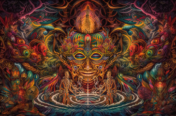 Ayahuasca experience, spiritual psychedelic hallucinations surreal illustration.