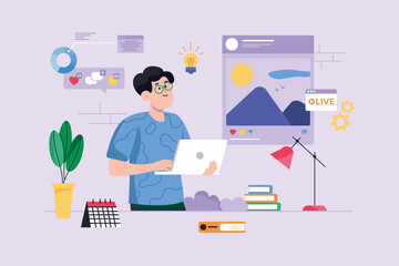 Content manager violet background concept with people scene in the flat cartoon design. Manager is working on filling the content of the website.  illustration.