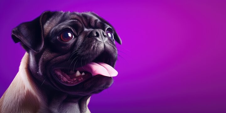 Happy and funny pug dog on a completely violet background with space for text