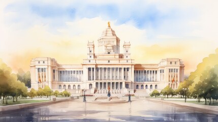 Fototapeta na wymiar Impressive government building watercolor illustration - Generative AI.