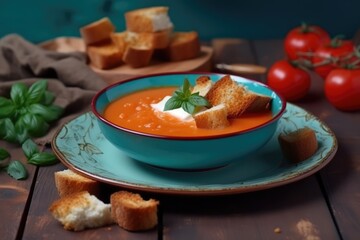 tomato soup creamy with basil and sour cream and croutons - obrazy, fototapety, plakaty