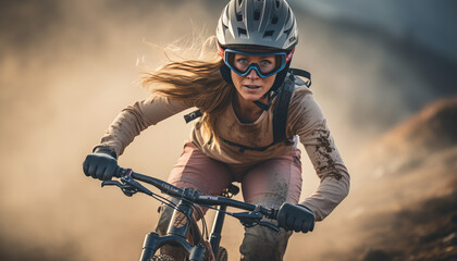 Concepto de deporte y aventuras. Mujer en carrera MTB de bicicleta en una montaña. Fondo de acción y velocidad. Ia generada. - obrazy, fototapety, plakaty