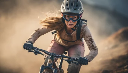 Poster Concepto de deporte y aventuras. Mujer en carrera MTB de bicicleta en una montaña. Fondo de acción y velocidad. Ia generada. © Crowded Studio