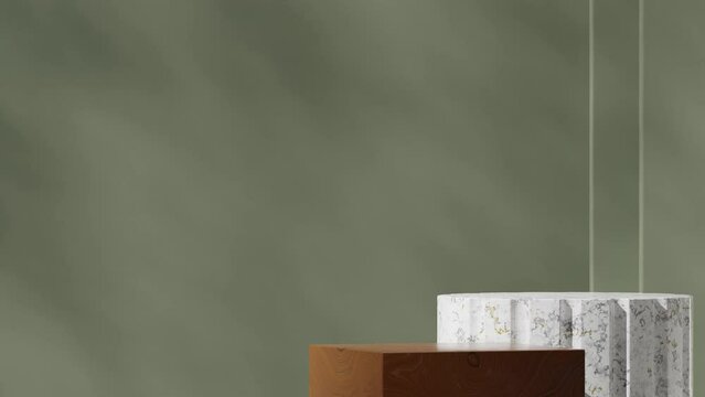 3d video render empty space of marble and wood block podium seamless shadow animation looping with green shadow wall