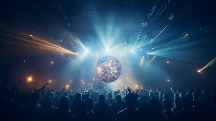 abstract background disco nightclub mirror disco ball with rays of light, silhouette of a crowd of people in the spotlight, and a musical performance, fictional