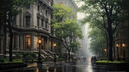 classic american architecture rain and fog new york