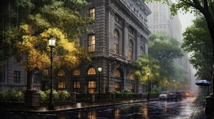 Fototapeta premium classic american architecture rain and fog new york